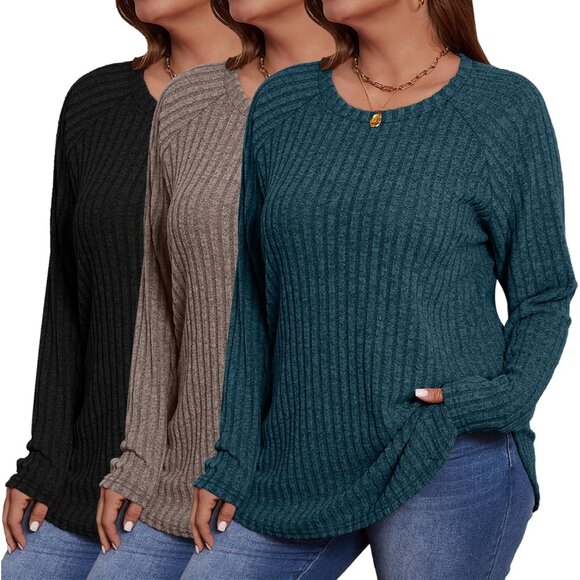 3 Pack Plus Size Long Sleeve Tunic Tops for Women Stylish Curved Hem - Picture 1 of 4
